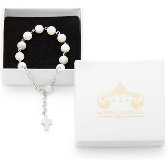 Catholic Rosary Bracelet Mother of Pearl Beads Cross Religious Gift for Women Me - Picture 3 of 7